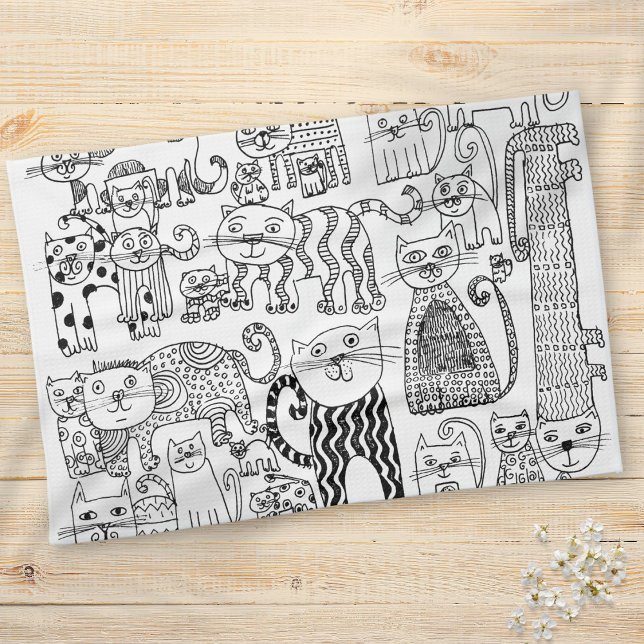 Modern Trendy Black and White Cats Pattern Tea Towel (Modern Trendy Black and White Cats Pattern Kitchen Towel)