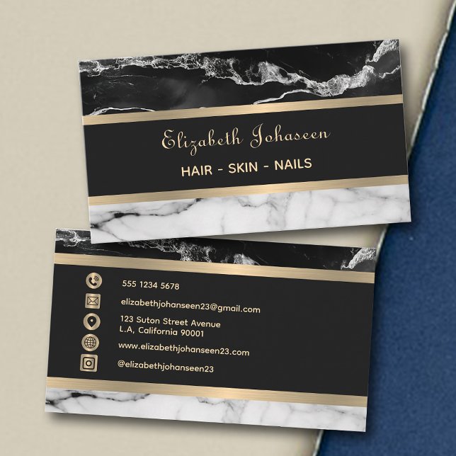 Modern Trendy Black and White Marble Gold Stripes Business Card (Creator Uploaded)