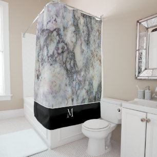 Modern trendy black and white marble monogram shower curtain
