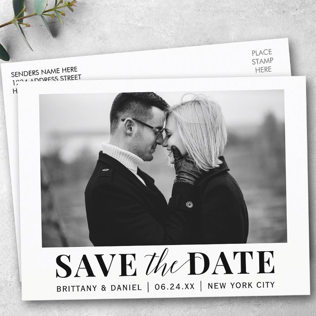 Modern Trendy Black and White Photo Save The Date Postcard (Customize to change your personalized text size or text style.)