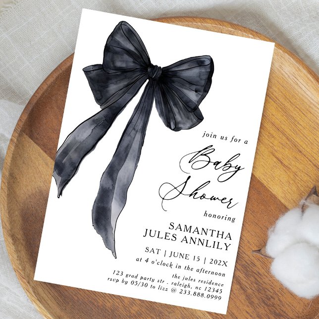 Modern Trendy Black Bow Baby Shower Invitation (Creator Uploaded)