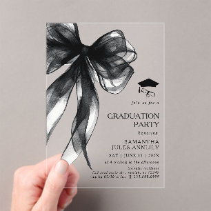 Modern Trendy Black Bow Graduation Party Acrylic Invitations