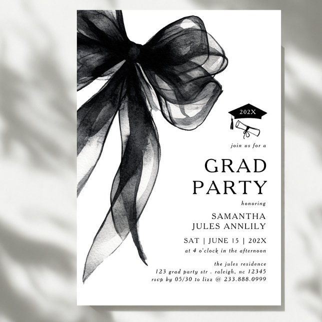 Modern Trendy Black Bow Graduation Party Invitation (Creator Uploaded)