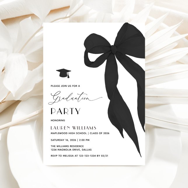 Modern Trendy Black Bow Graduation Party Invitation (Creator Uploaded)