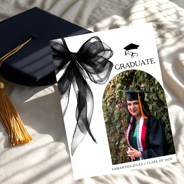 Modern Trendy Black Bow Graduation Photo Announcement (Creator Uploaded)