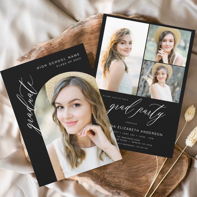 Modern Trendy Black Photo Graduation Party Invitation (Creator Uploaded)