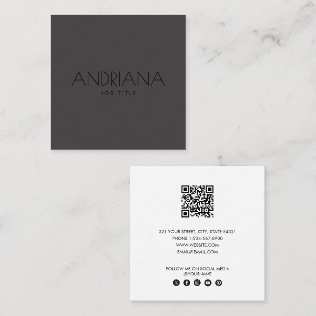 Modern Trendy Black Social Media QR Code Square Business Card (Front/Back)