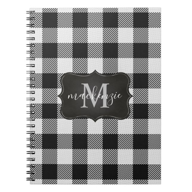 Modern Trendy Black White Buffalo Plaid Monogram Notebook (Front)