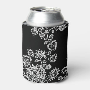 Modern Trendy Black & White Lace Pattern Can Cooler