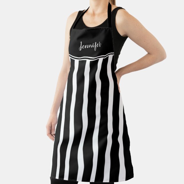 Modern trendy black white stripes monogram name apron (Insitu)