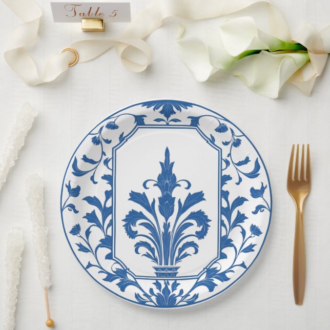 Modern trendy Blue and White Porcelain chinoiserie Paper Plate (Wedding)