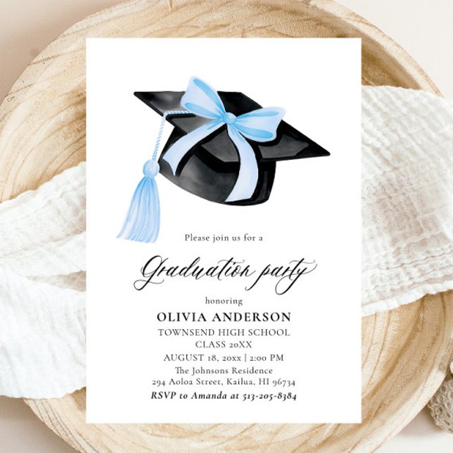 Modern Trendy Blue Bow Graduation Cap Graduation Invitation (Watercolor Modern Elegant Trendy Stylish Blue Bow Graduation Invitation)
