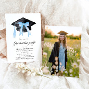 Modern Trendy Blue Bow Graduation Cap Graduation Invitation