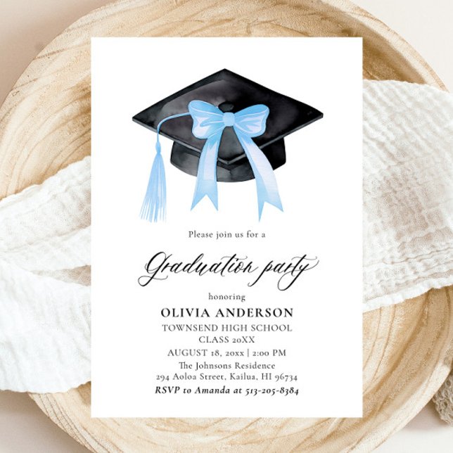 Modern Trendy Blue Bow Graduation Cap Graduation Invitation (Watercolor Modern Elegant Trendy Stylish Blue Bow Graduation Invitation)