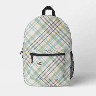 Modern Trendy Blue Check Plaid Monogram Initials Printed Backpack