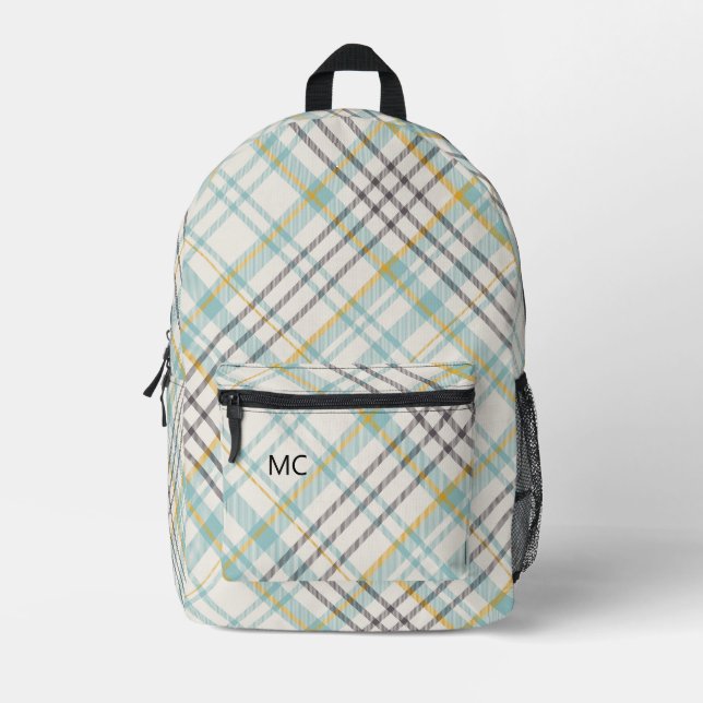 Modern Trendy Blue Check Plaid Monogram Initials Printed Backpack (Front)