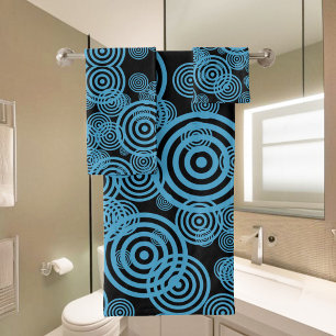 Modern, trendy blue circles on black bath towel set