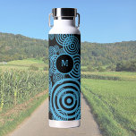 Modern, trendy blue circles on black monogram  water bottle<br><div class="desc">This water bottle features a modern design with blue circles on a black background. Digital art. Perfect for any outdoor activity,   also a pretty gift idea to any occasion! You can change or remove the monogram,  as well as the monogram background.</div>