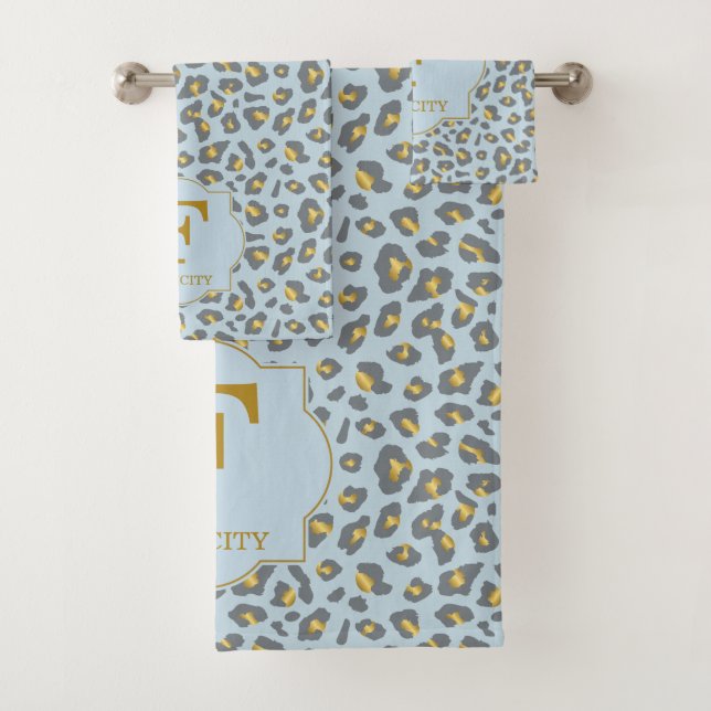 Modern Trendy Blue Gold Leopard Pattern Monogram Bath Towel Set (Insitu)