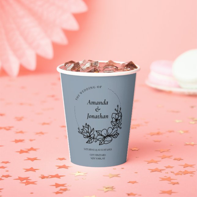 Modern Trendy Blue Leaf Wreath Wedding  Paper Cups (Insitu)
