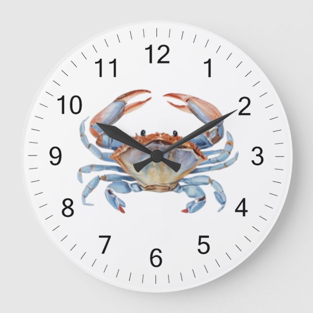 Modern Trendy Blue Watercolor Crab Summer Beach  Large Clock (Front)