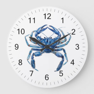 Modern Trendy Blue Watercolor Crab Summer Beach Large Clock