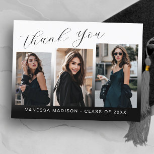 Modern Trendy Blue & White 3 Photo Grad Thank You Postcard