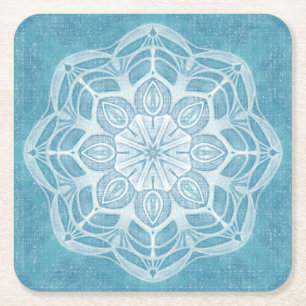 Modern trendy blue white and turquoise boho design square paper coaster