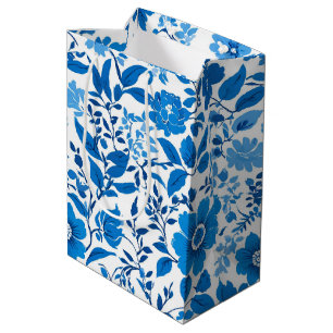 Modern trendy Blue White chinoiserie flower party Medium Gift Bag
