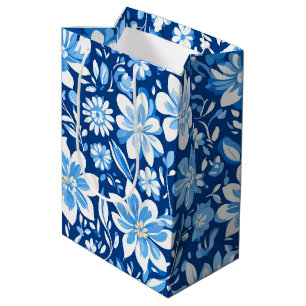 Modern trendy Blue White chinoiserie flower party Medium Gift Bag