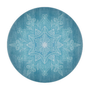 Modern trendy blue white turquoise boho mandala cutting board