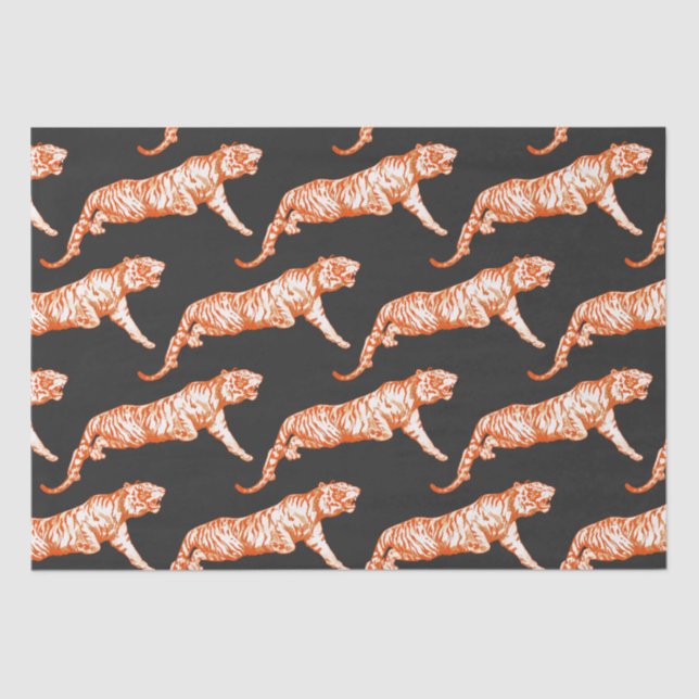 Modern Trendy Bright Orange Tiger on Black Tissue Paper (Front)