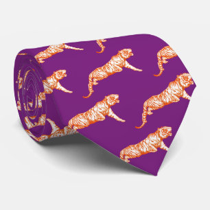 Modern Trendy Bright Orange Tiger on Purple Tie