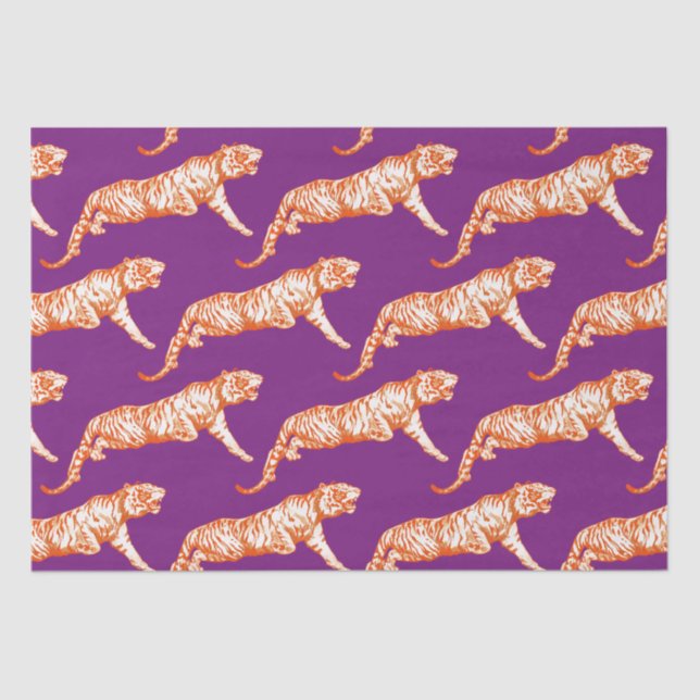 Modern Trendy Bright Orange Tiger on Purple Tissue Paper (Front)