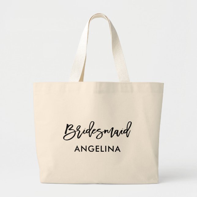 Modern Trendy Brush Script Bridesmaid Large Tote Bag (Front)