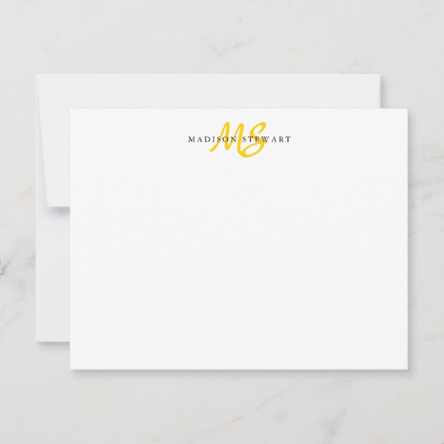 Modern Trendy Brush Script Lemon Yellow Monogram Card (Front)