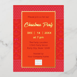 Modern Trendy Business Christmas Red Orange Pink Foil Invitation Postcard