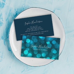 Modern Trendy Calligraphy Aqua Blue Bokeh Lights Business Card