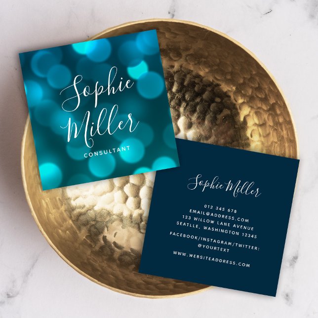 Modern Trendy Calligraphy Aqua Blue Bokeh Lights Square Business Card (Creator Uploaded)