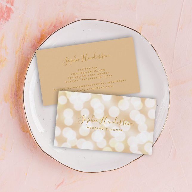 Modern Trendy Calligraphy Champagne Bokeh Lights Business Card (Creator Uploaded)