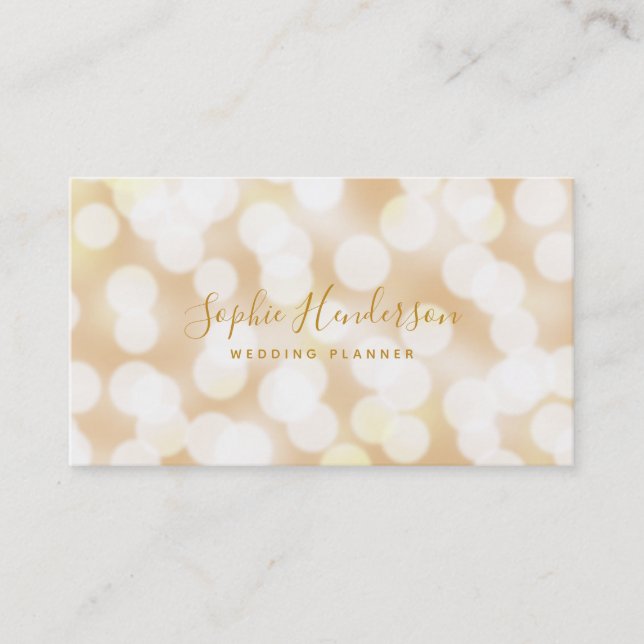 Modern Trendy Calligraphy Champagne Bokeh Lights Business Card (Front)