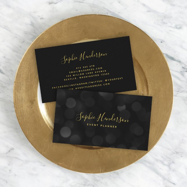 Modern Trendy Calligraphy Dark Bokeh Lights Business Card (Creator Uploaded)