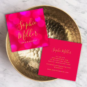 Modern Trendy Calligraphy Pink Bokeh Lights Square Business Card