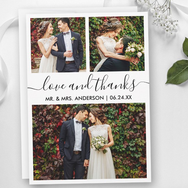 Modern Trendy Calligraphy Script Wedding 3 Photos Thank You Card (Customize to add text to back of card.)