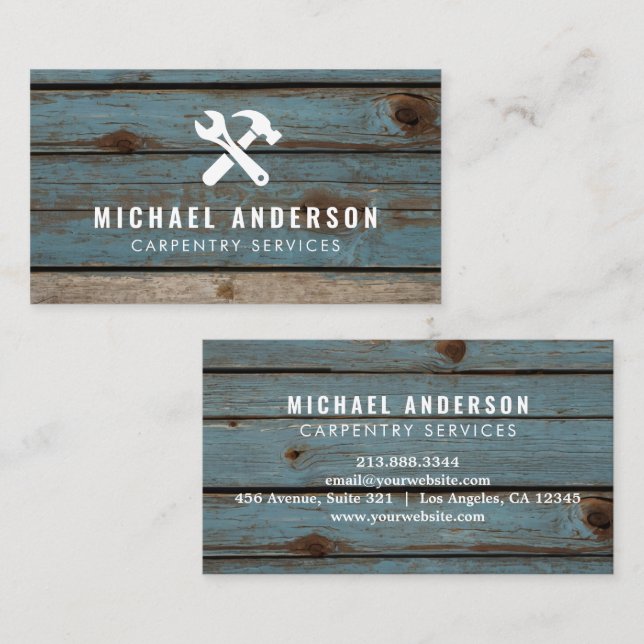 Modern Trendy Carpentry Service and Handyman Wood Business Card (Front/Back)