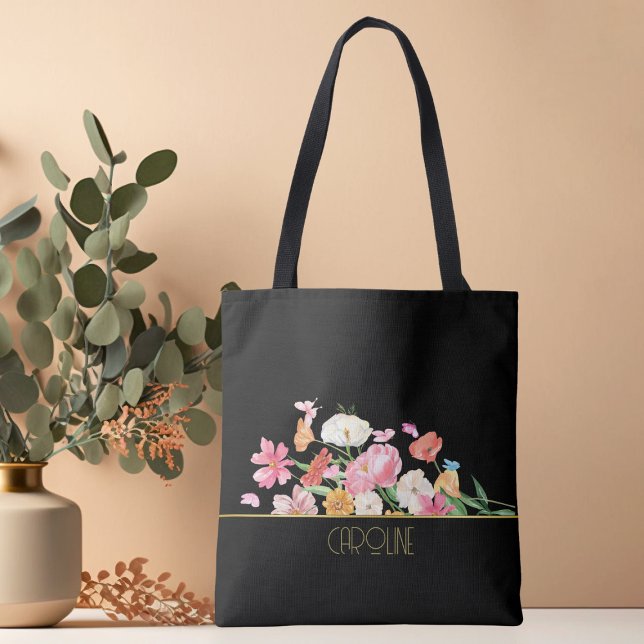 Modern Trendy Chic Black floral tote bag (Creator Uploaded)