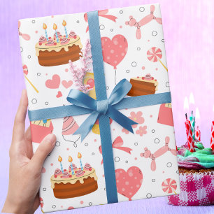 Modern Trendy Chic Girly Pink Bow & Cake Birthday Wrapping Paper