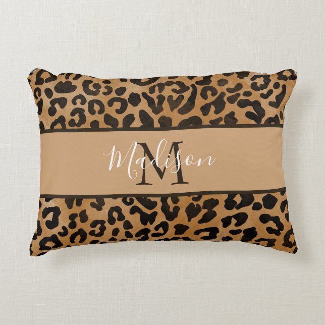 Modern Trendy Chic Leopard Pattern Monogram Name Decorative Cushion (Front)