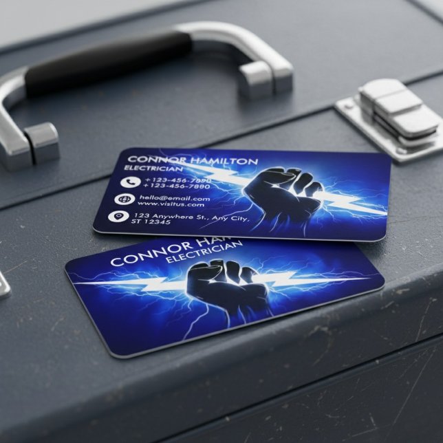 Modern Trendy Cool Blue Lightning Electrician Busi Business Card (Creator Uploaded)