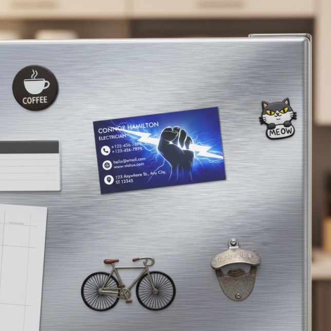 Modern Trendy Cool Blue Lightning Electrician Busi Magnetic Business Card (Creator Uploaded)